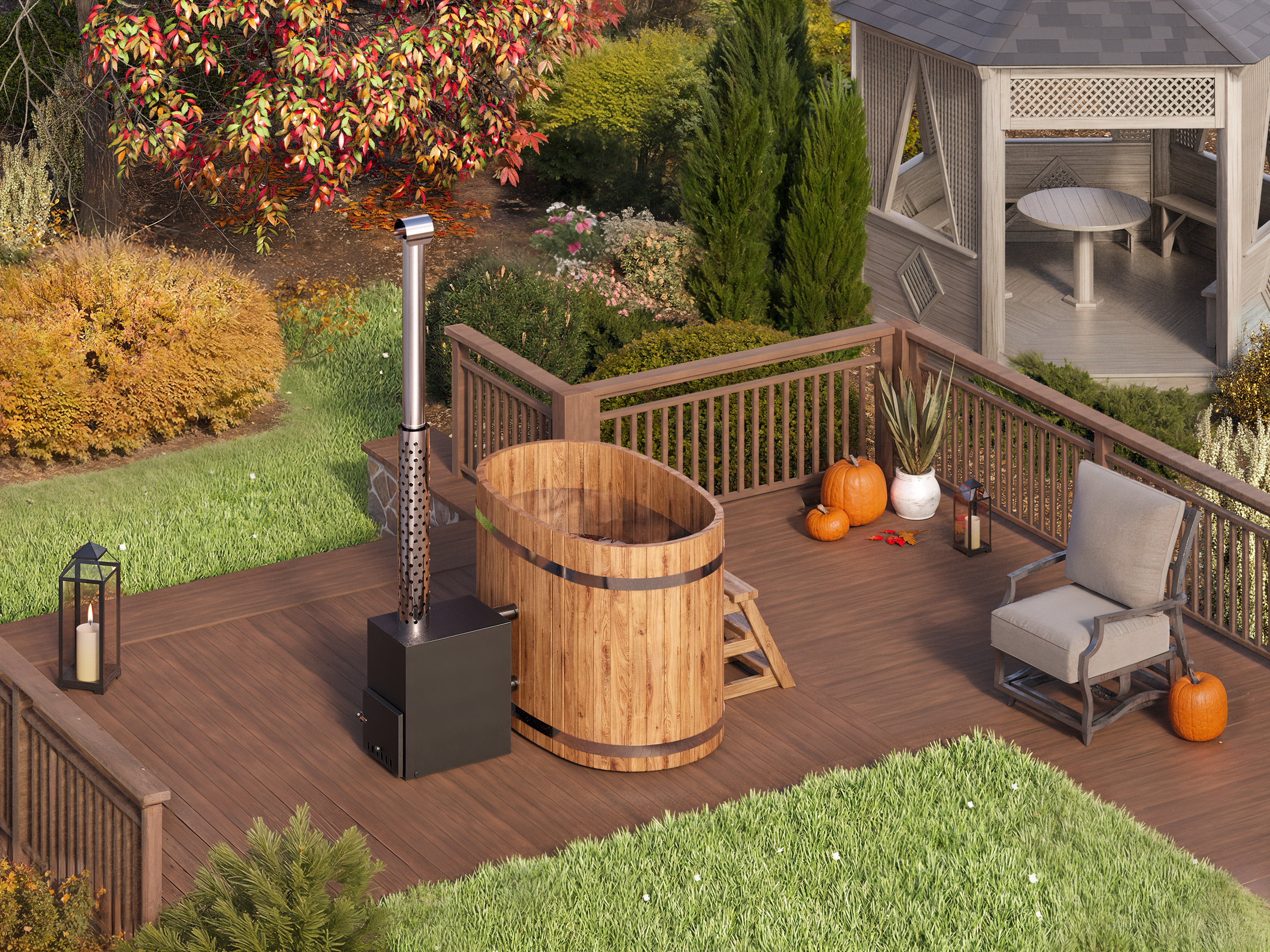 Oval wooden hot tub with outside stove