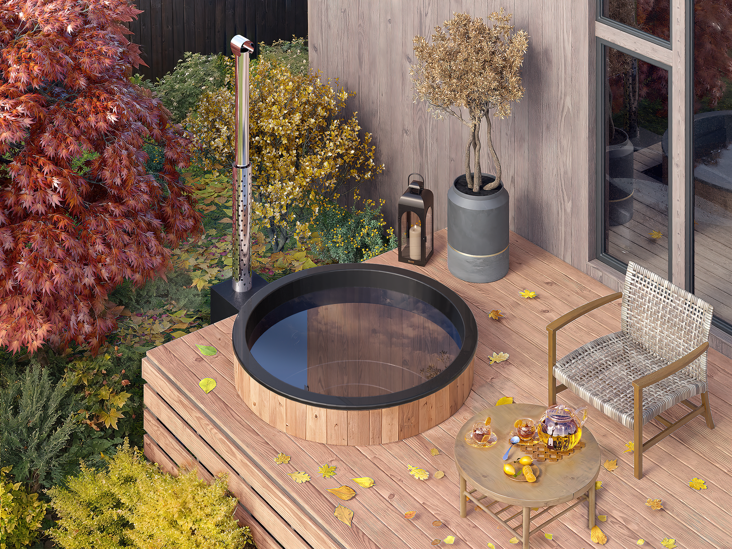 Fiberglass Hot Tub Round with Integrated Stove For 5 persons Ø2,0m