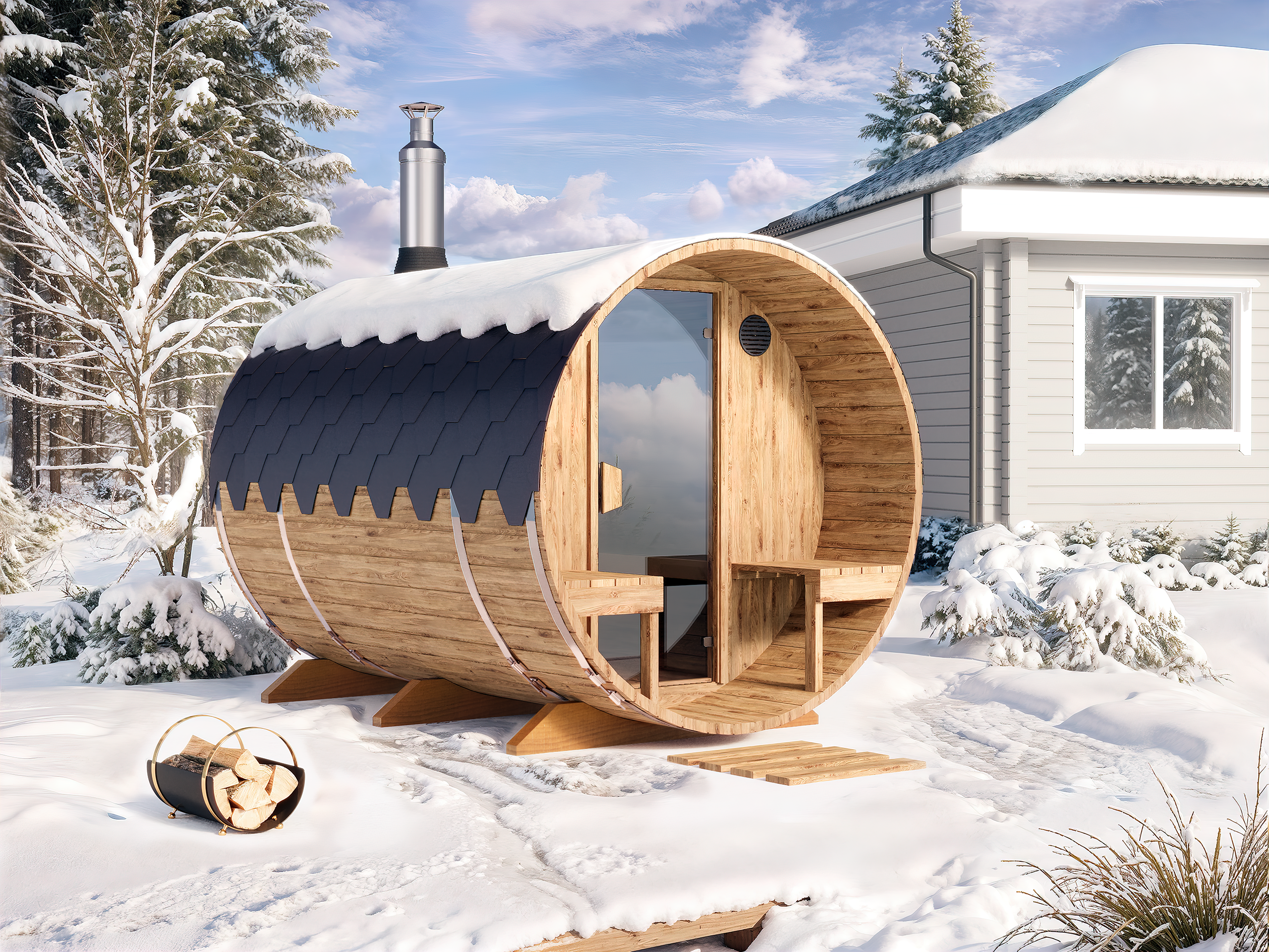 Barrel Sauna S28V – 2.8m for 4 persons with Outside Seats
