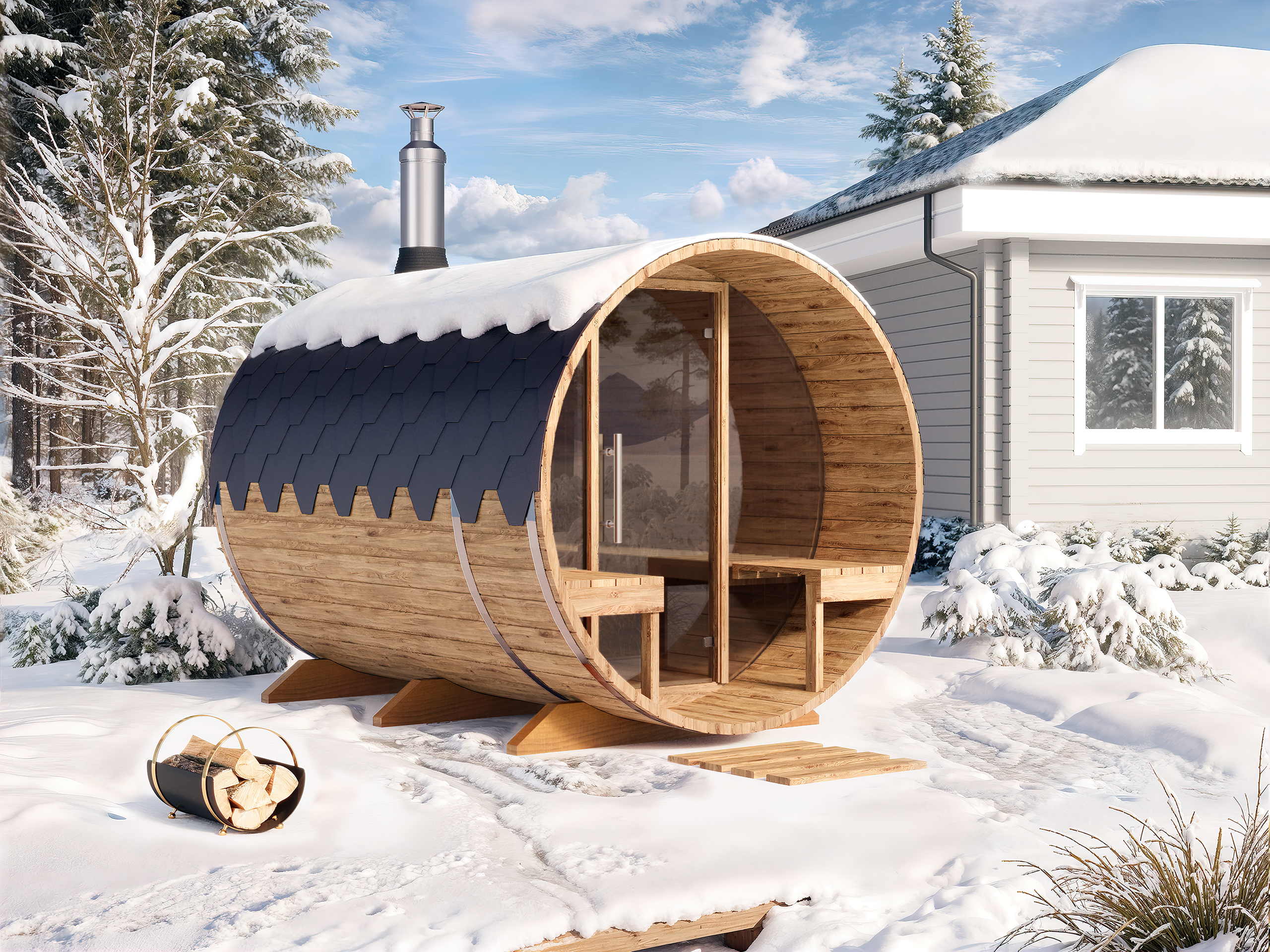 Barrel Sauna S28V – 2.8m for 4 persons with Outside Seats