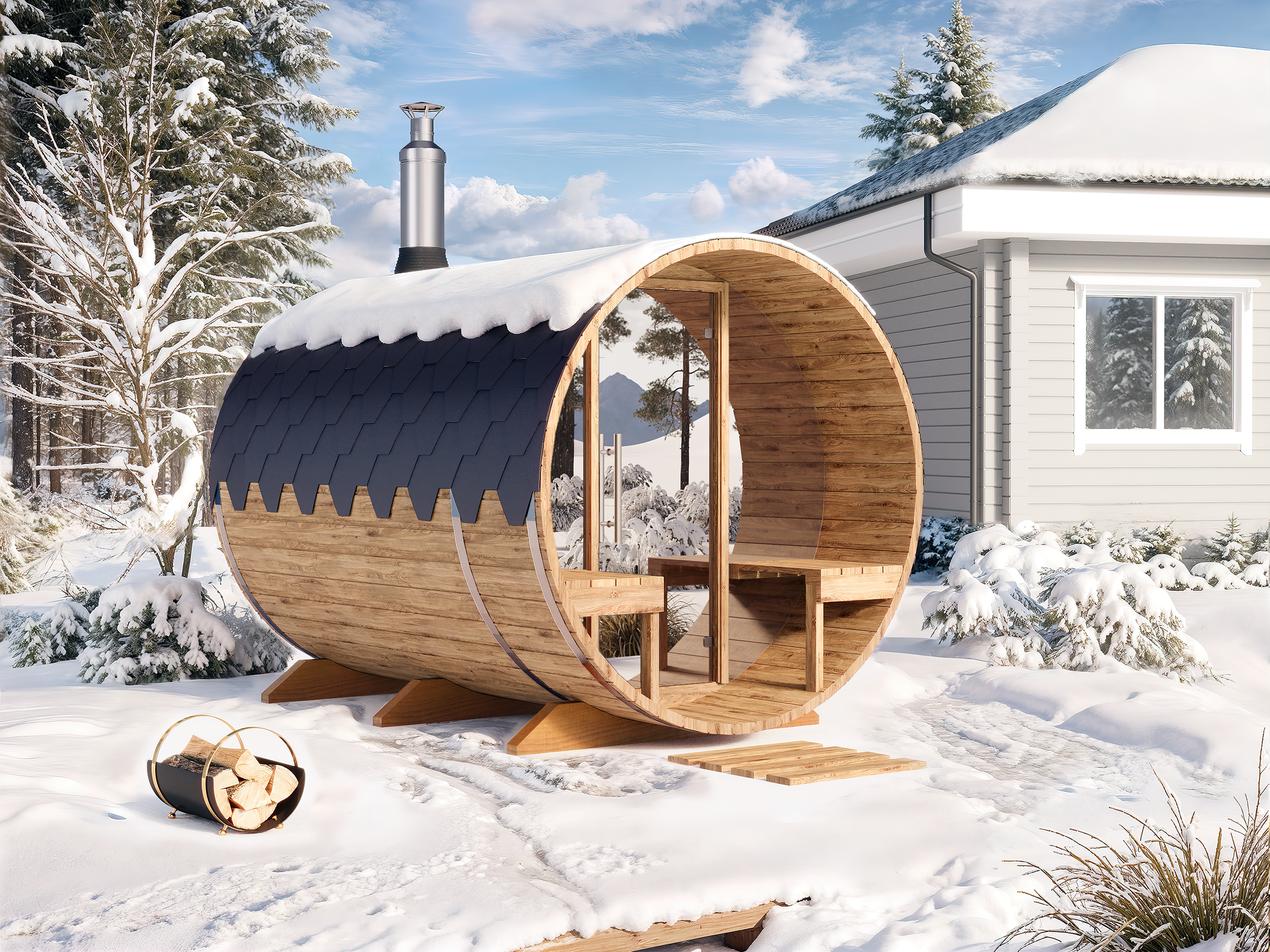 Barrel Sauna S28V – 2.8m for 4 persons with Outside Seats