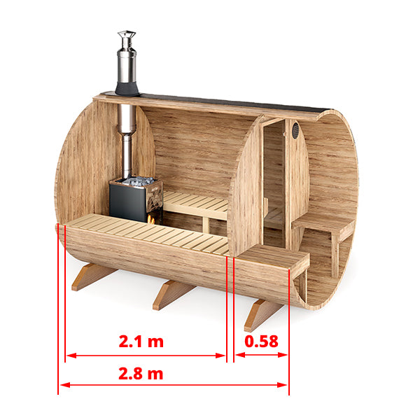 Barrel Sauna S28V – 2.8m for 4 persons with Outside Seats