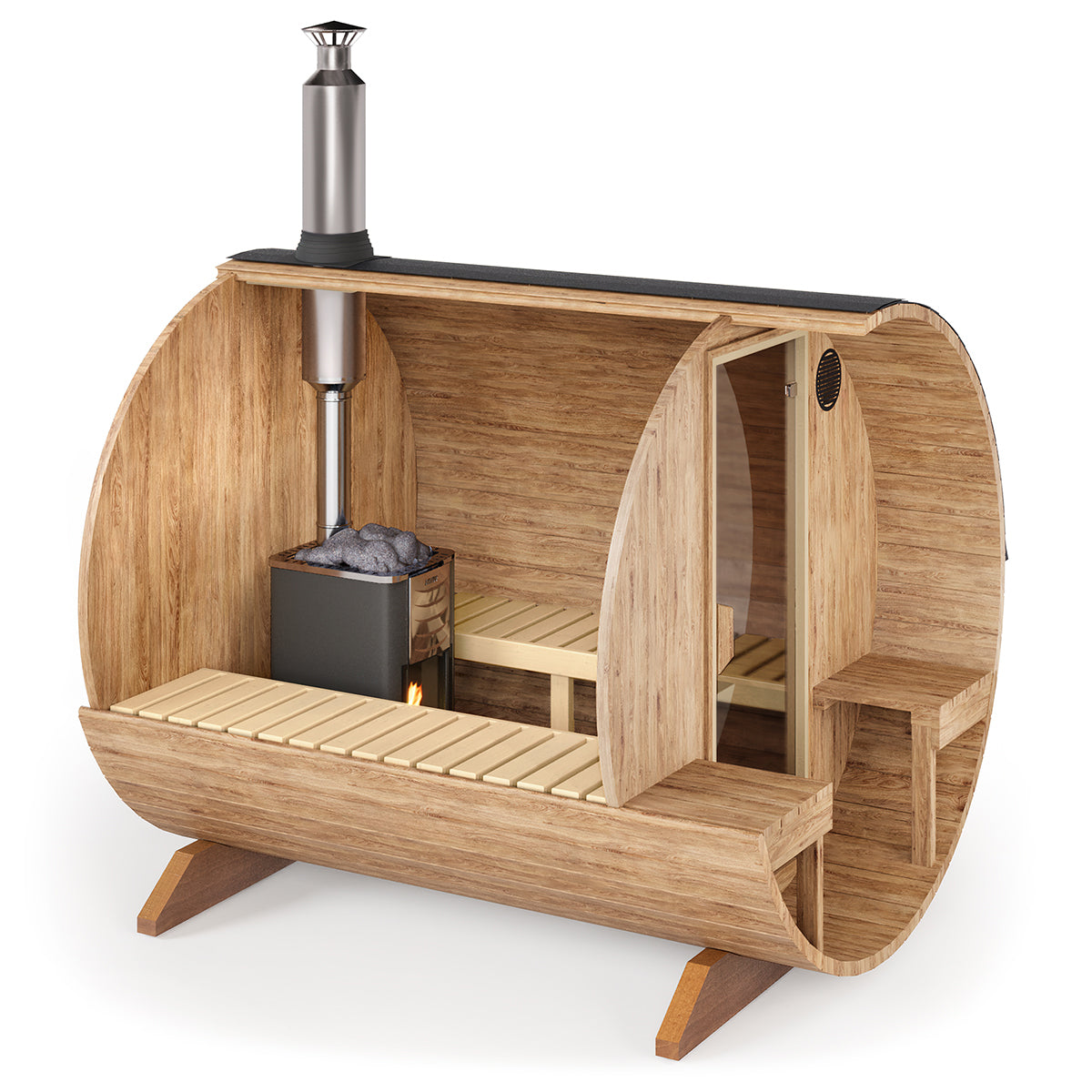 Barrel Sauna S2V – 2.4m for 4 persons with Outside Seats