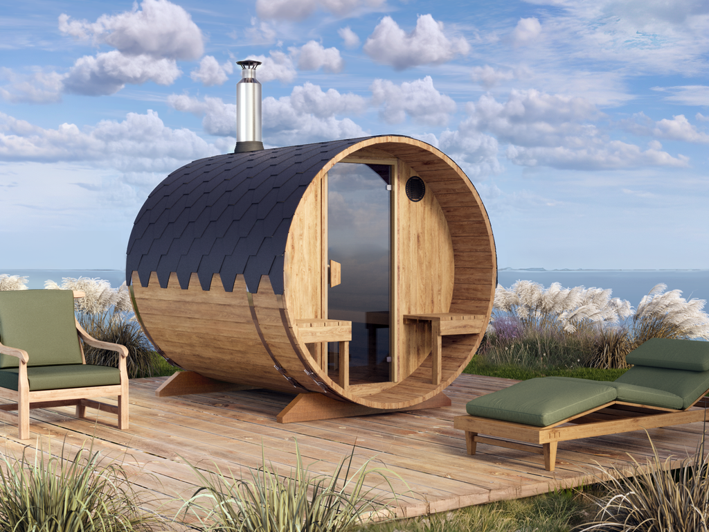 Barrel Sauna S2V – 2.4m for 4 persons with Outside Seats