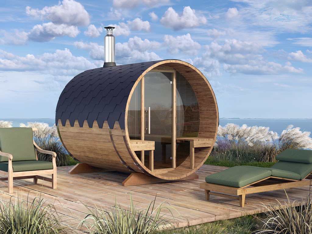 Barrel Sauna S2V – 2.4m for 4 persons with Outside Seats
