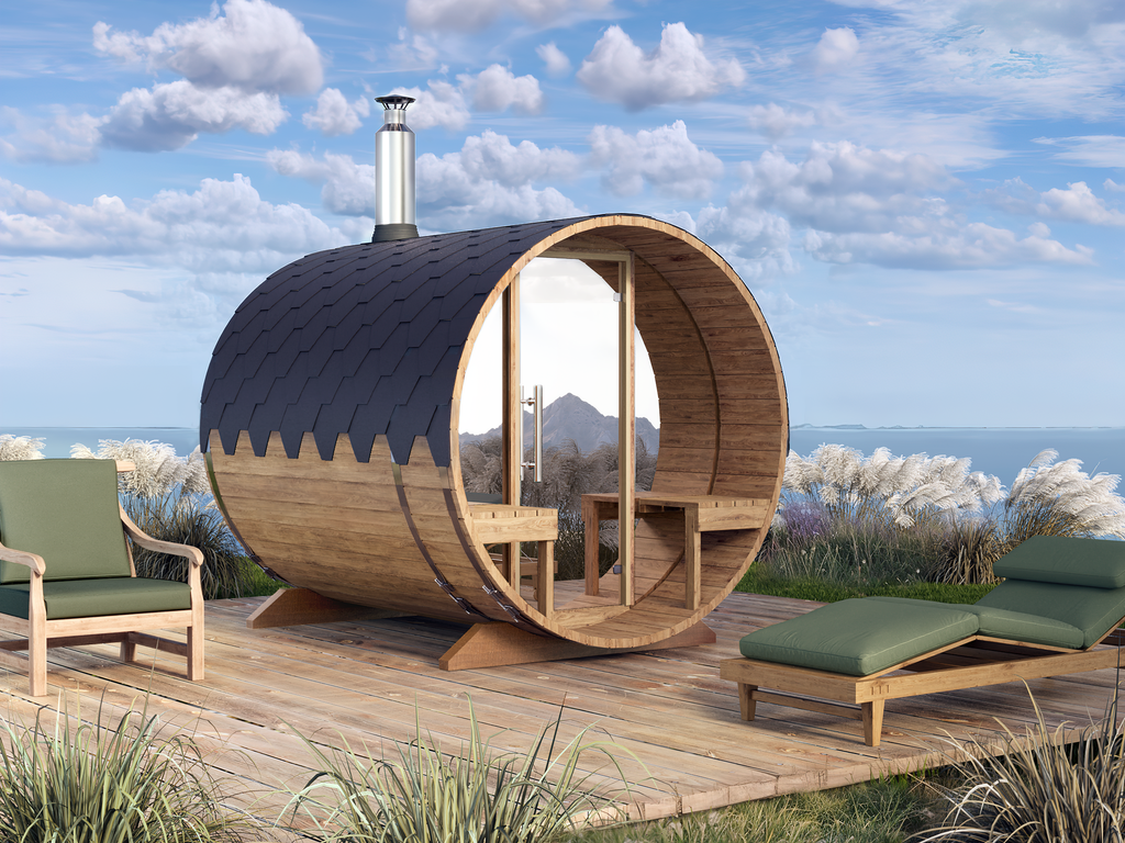 Barrel Sauna S2V – 2.4m for 4 persons with Outside Seats