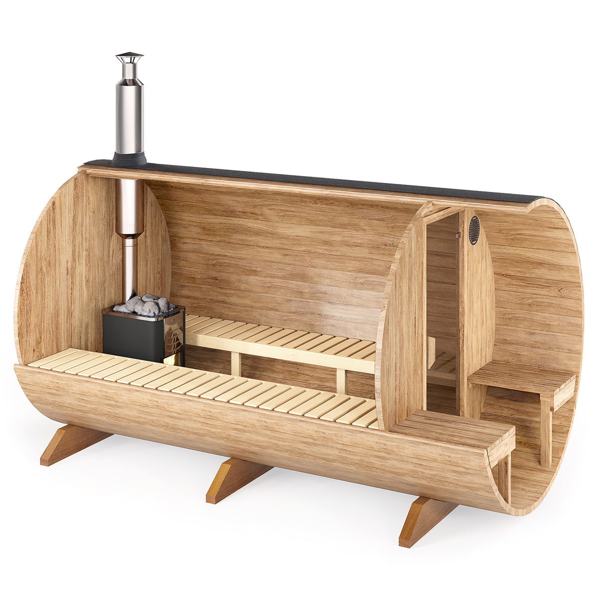Barrel Sauna S3V – 3.6m for 6 persons with Outside Seats