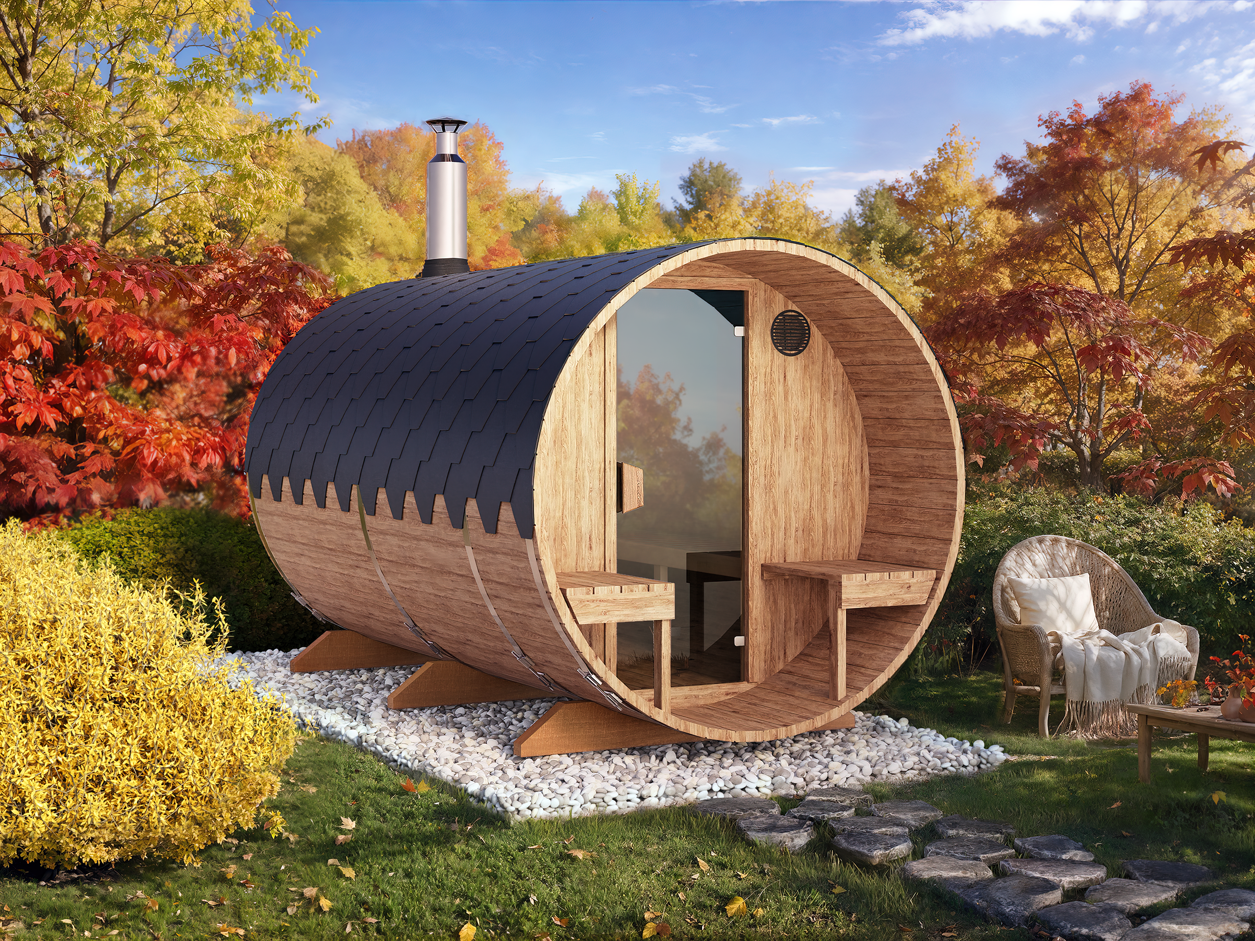Barrel Sauna S3V – 3.6m for 6 persons with Outside Seats