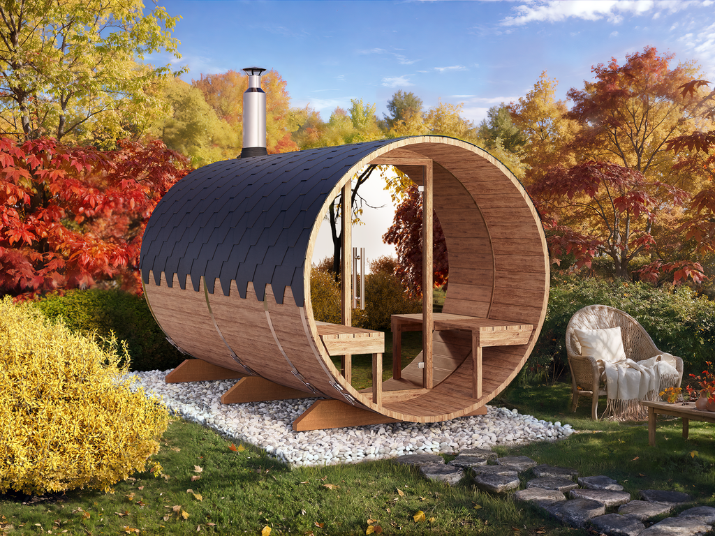 Barrel Sauna S3V – 3.6m for 6 persons with Outside Seats