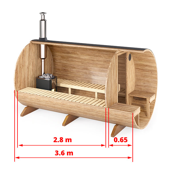 Barrel Sauna S3V – 3.6m for 6 persons with Outside Seats