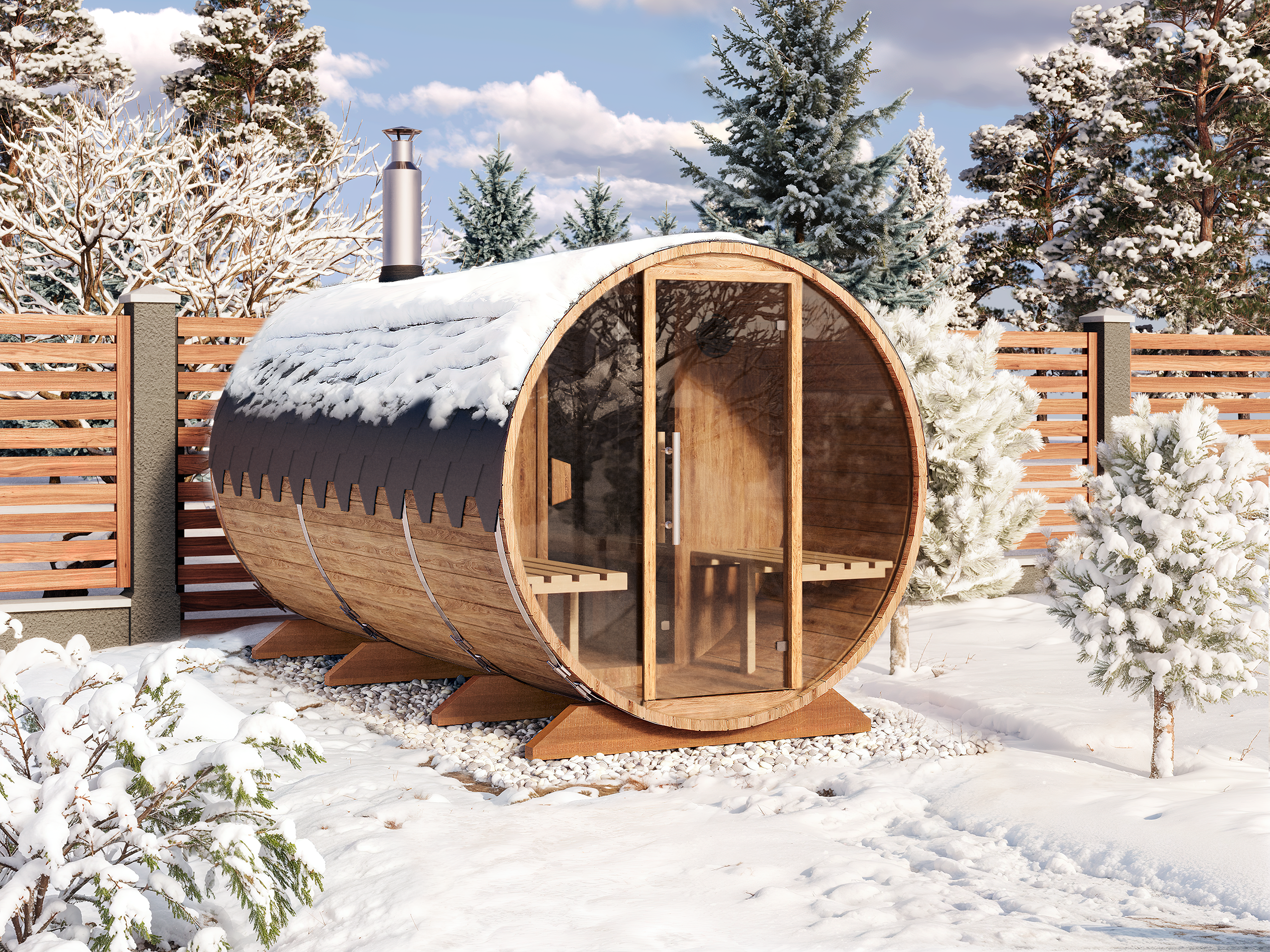 Barrel Sauna S4P – 4.0m for 8 persons with Dressing Room