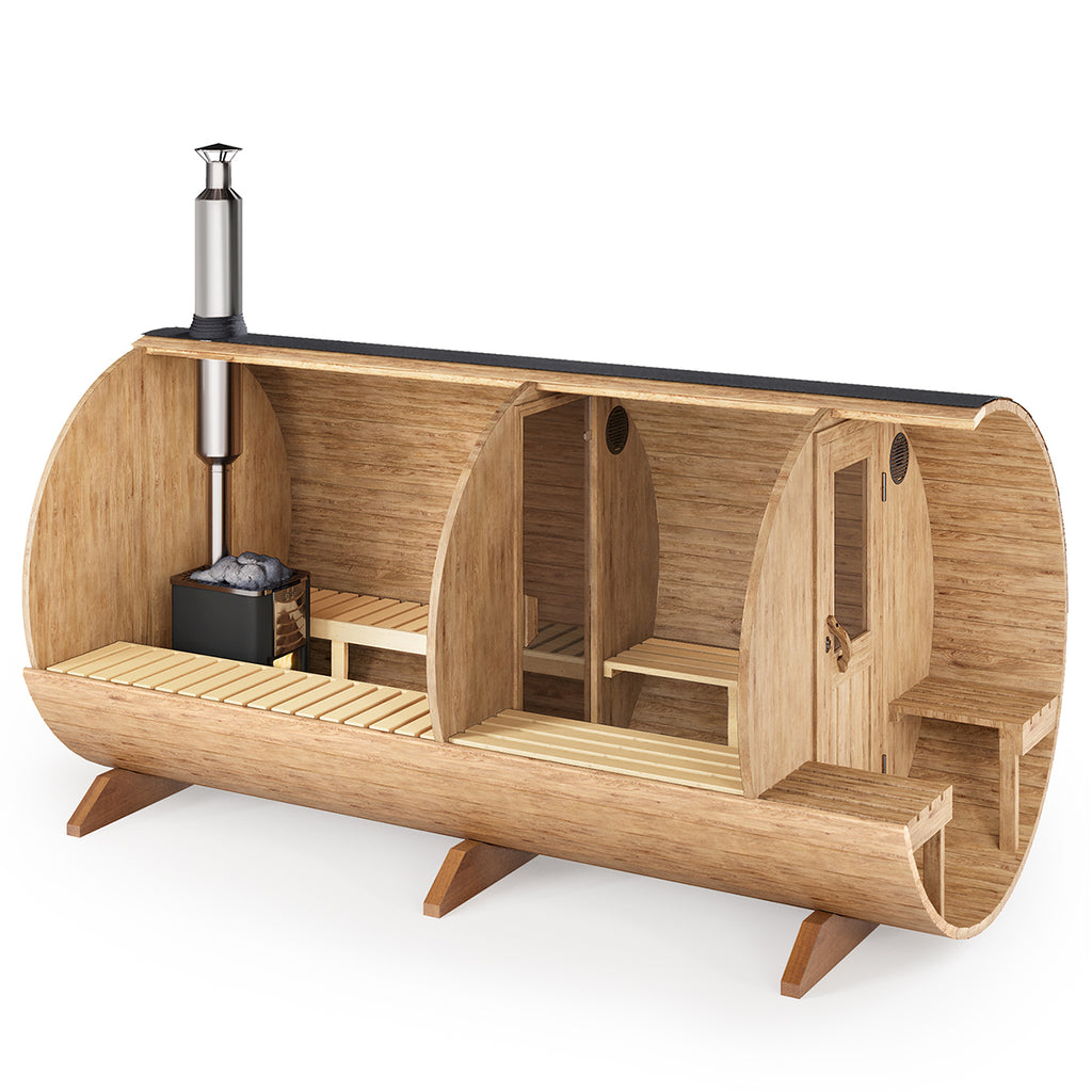 Barrel Sauna S4PV – 4.0m for 4 persons with Dressing Room and Outside Seats