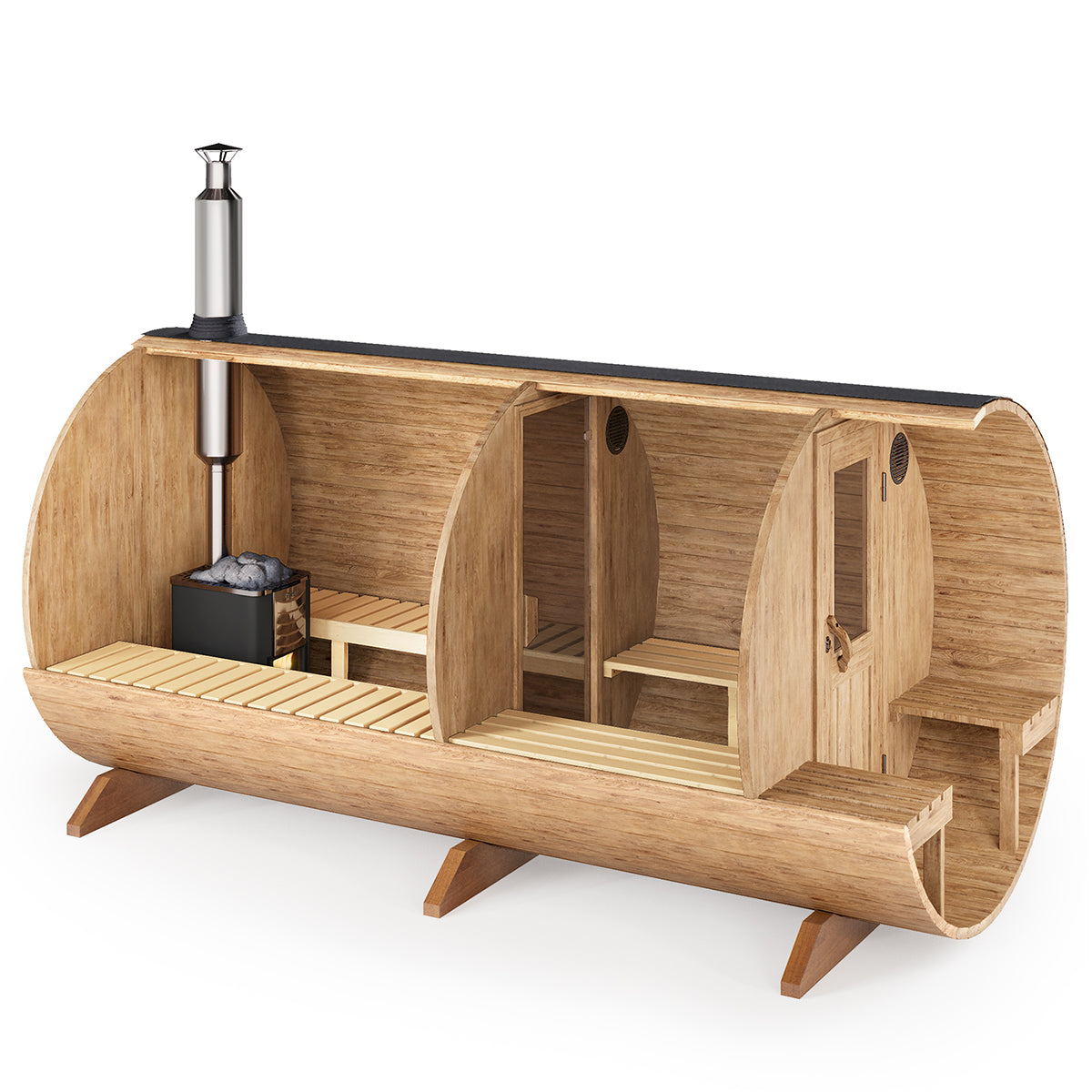 Barrel Sauna S4PV – 4.0m for 4 persons with Dressing Room and Outside Seats