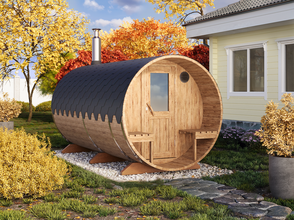 Barrel Sauna S4PV – 4.0m for 4 persons with Dressing Room and Outside Seats