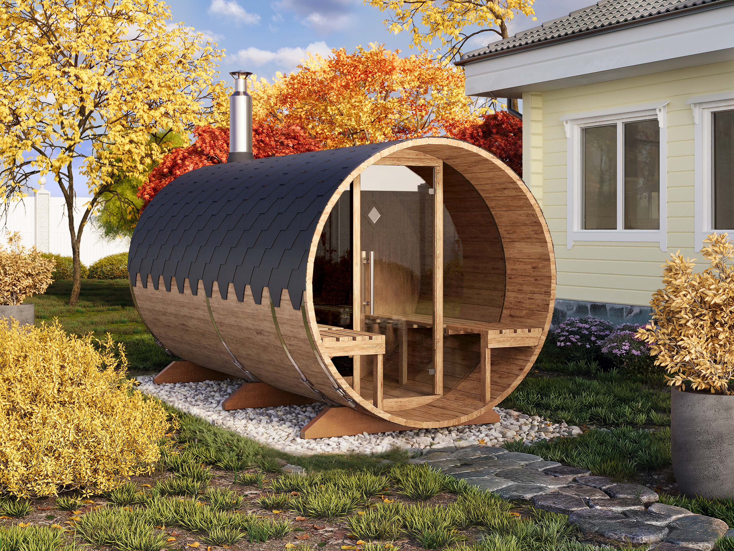 Barrel Sauna S4PV – 4.0m for 4 persons with Dressing Room and Outside Seats