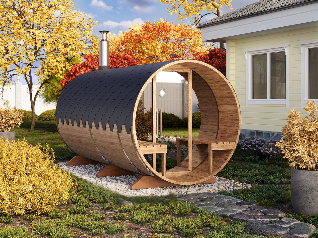 Barrel Sauna S4PV – 4.0m for 4 persons with Dressing Room and Outside Seats