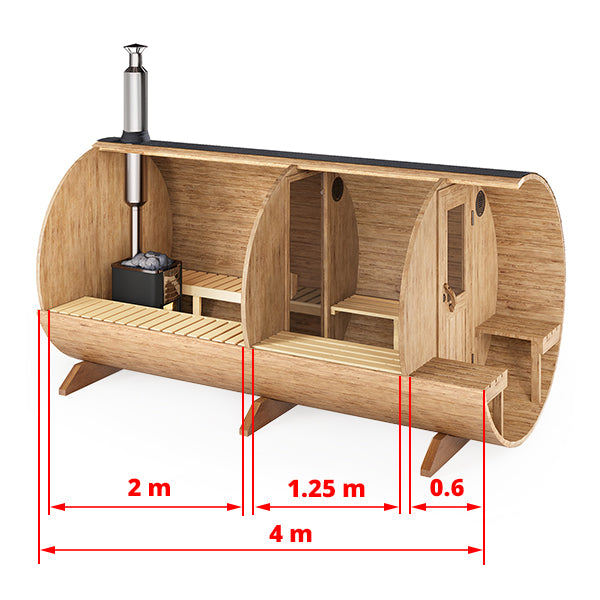 Barrel Sauna S4PV – 4.0m for 4 persons with Dressing Room and Outside Seats