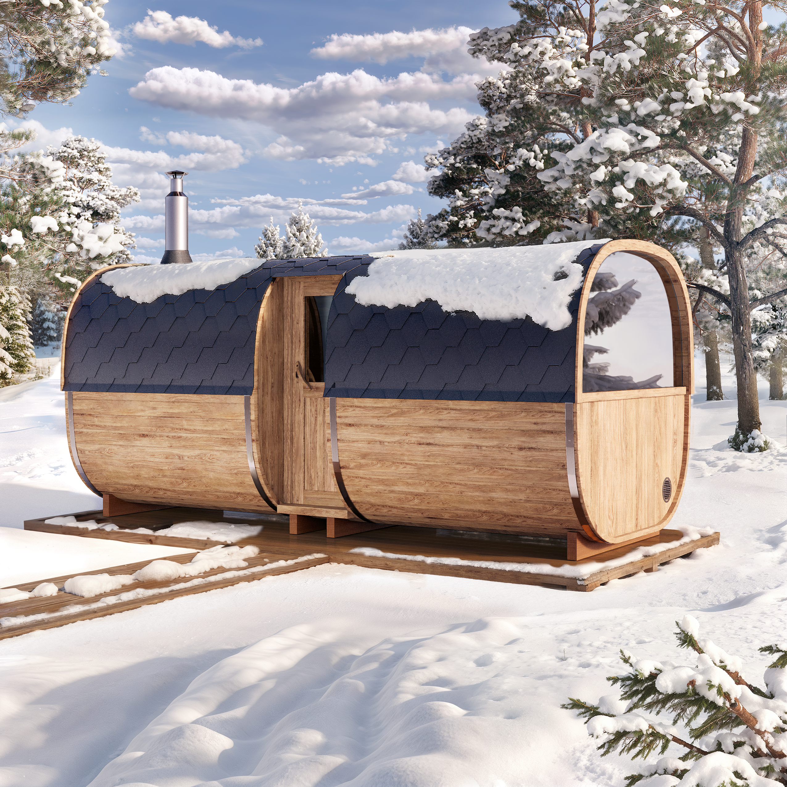 Cube Barrel Sauna S5P – 5m for 6 persons with seats or bed and outside seats