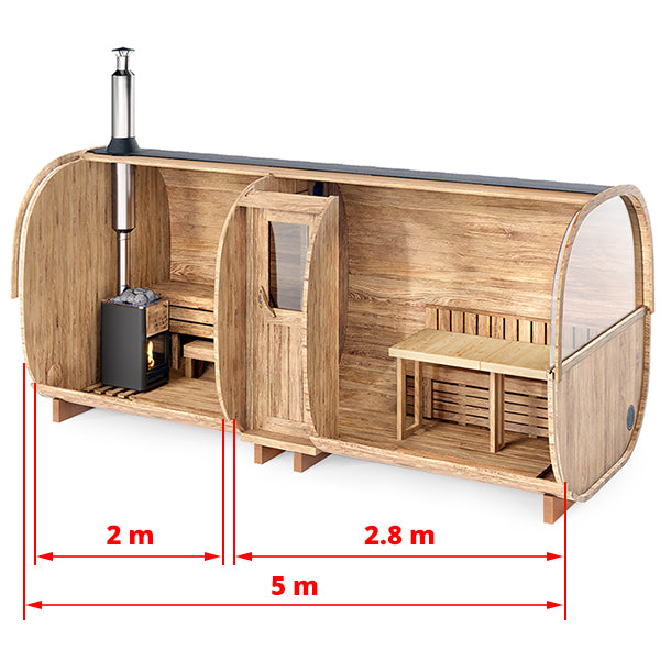 Cube Barrel Sauna S5P – 5m for 6 persons with seats or bed and outside seats