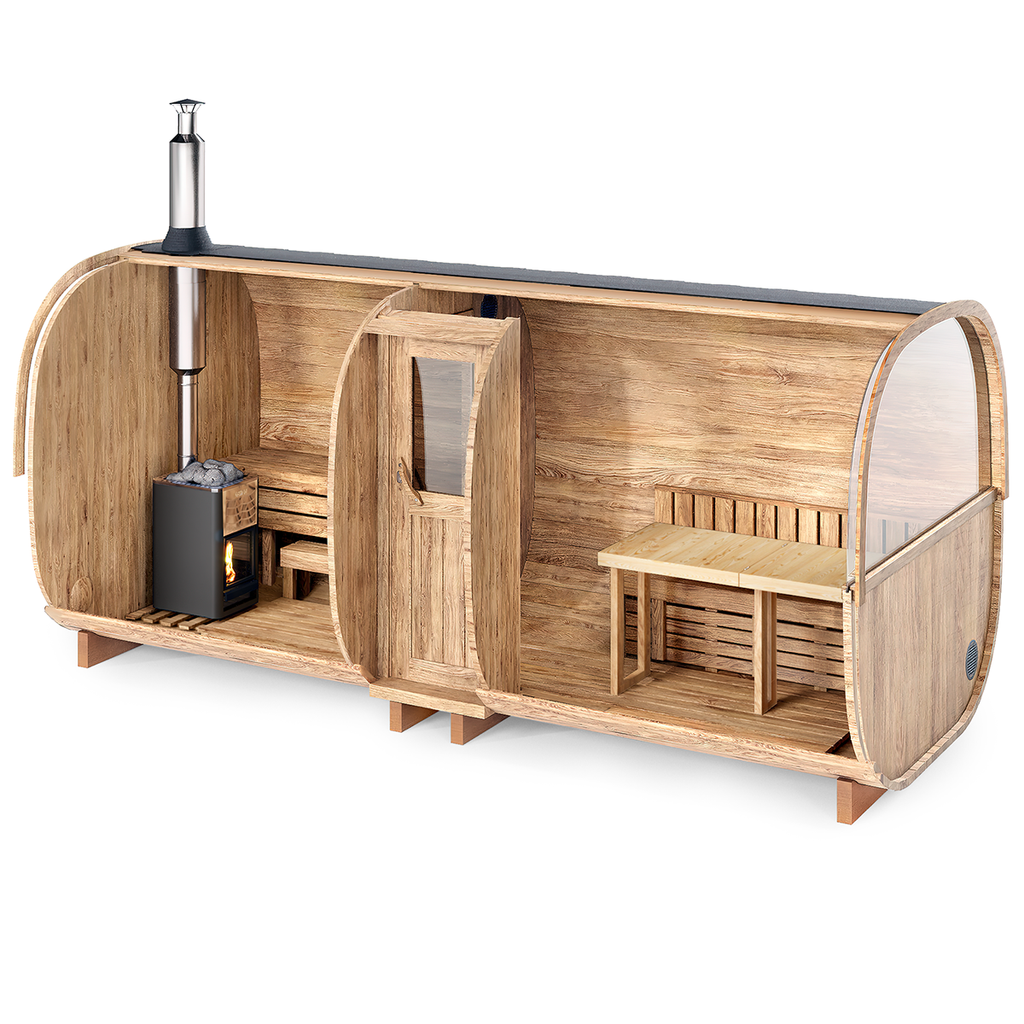 Cube Barrel Sauna S5P – 5m for 6 persons with seats or bed and outside seats