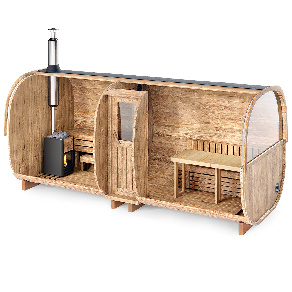 Cube Barrel Sauna S5P – 5m for 6 persons with seats or bed and outside seats