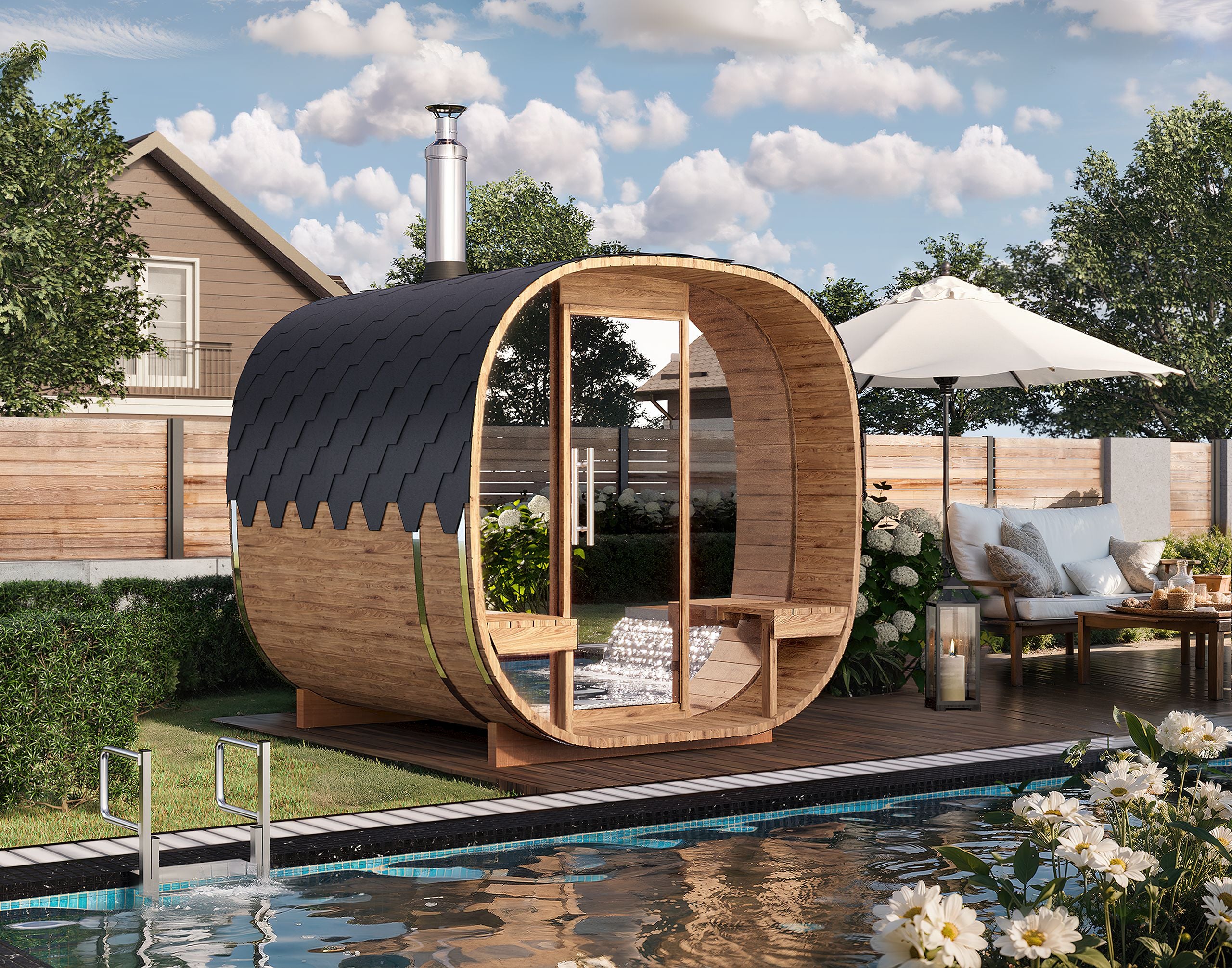 Cube Barrel Sauna SQR2V – 2.4m for 4 persons with outside seats