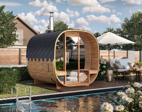 Cube Barrel Sauna SQR2V – 2.4 m for 4 persons with outside seats