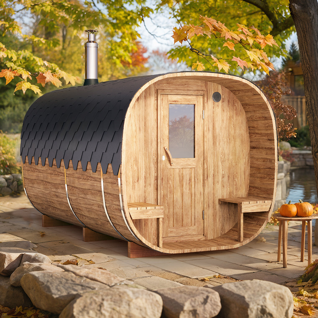 Cube Barrel Sauna SQR4PV – 4m for 4 persons with dressing room and outside seats