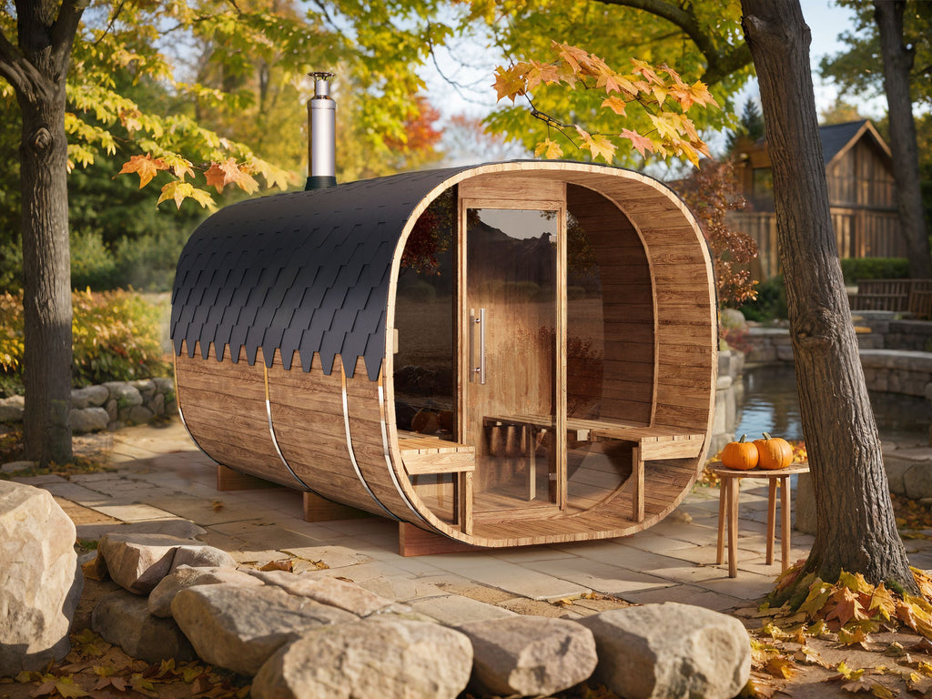 Cube Barrel Sauna SQR4PV – 4m for 4 persons with dressing room and outside seats