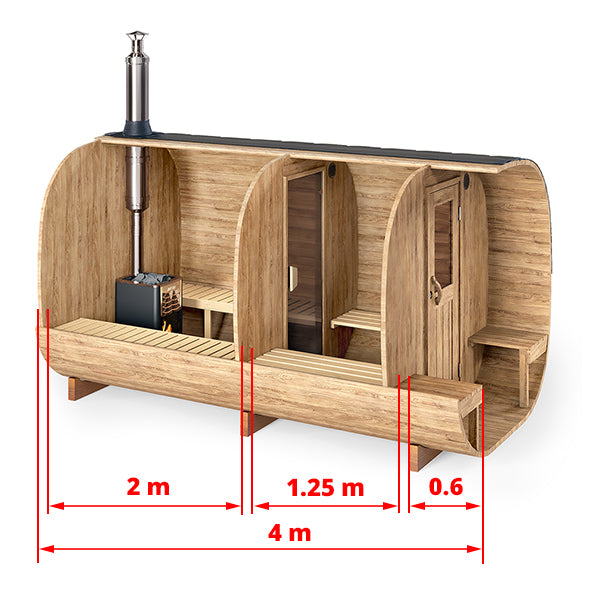 Cube Barrel Sauna SQR4PV – 4m for 4 persons with dressing room and outside seats