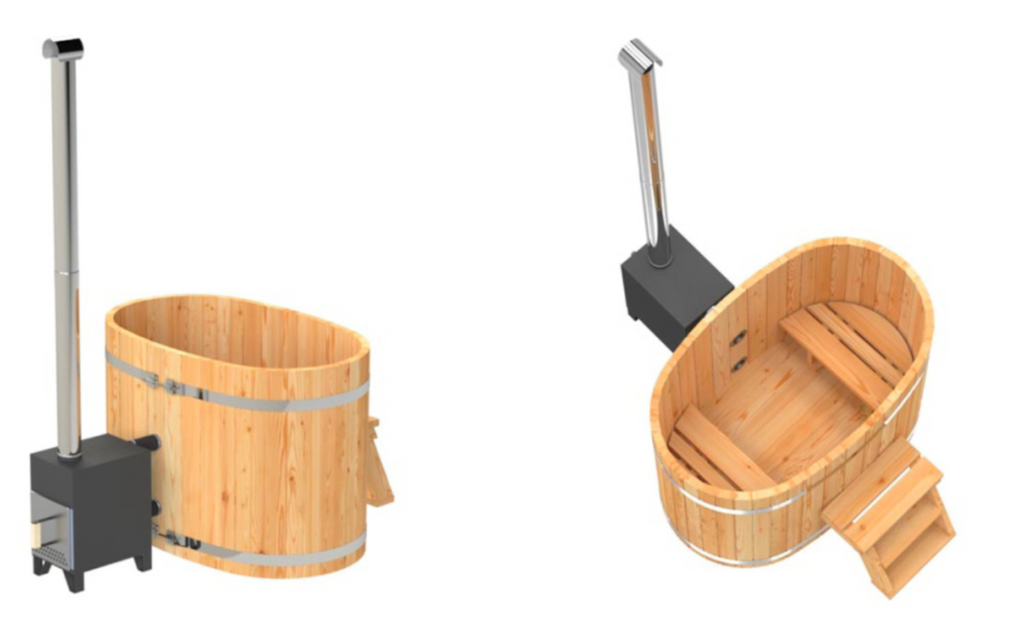 Oval wooden hot tub with outside stove