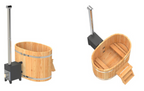 Oval wooden hot tub with outside stove